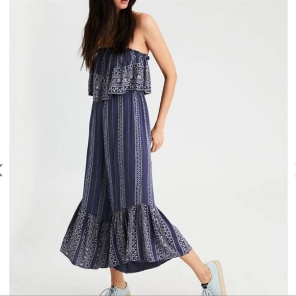 NWT Japna Blue Floral Strapless Cropped Flare Leg Boho Jumpsuit sz XS - Picture 2 of 10